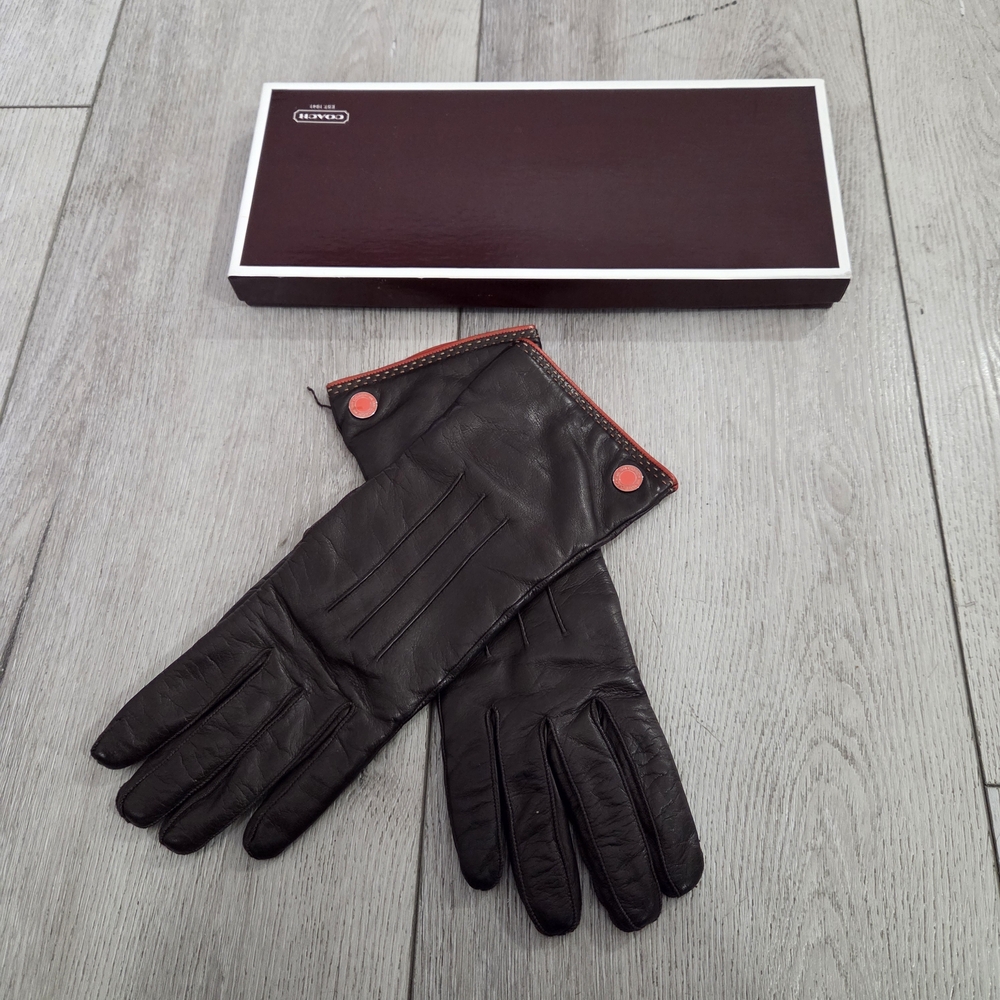 Coach Brown Leather Gloves with Red Trim